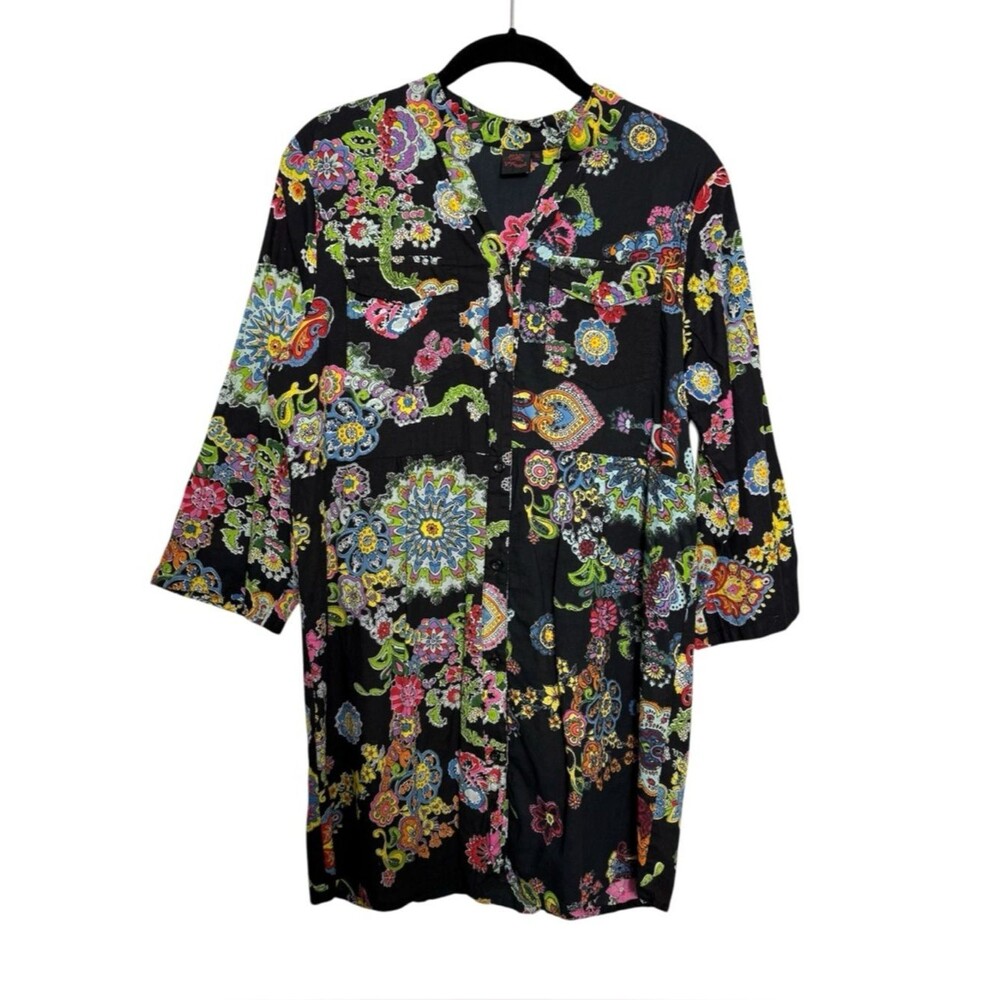 Aller Simplement Boho Paisley Tunic Dress Black Cotton XL 3/4 Sleeve